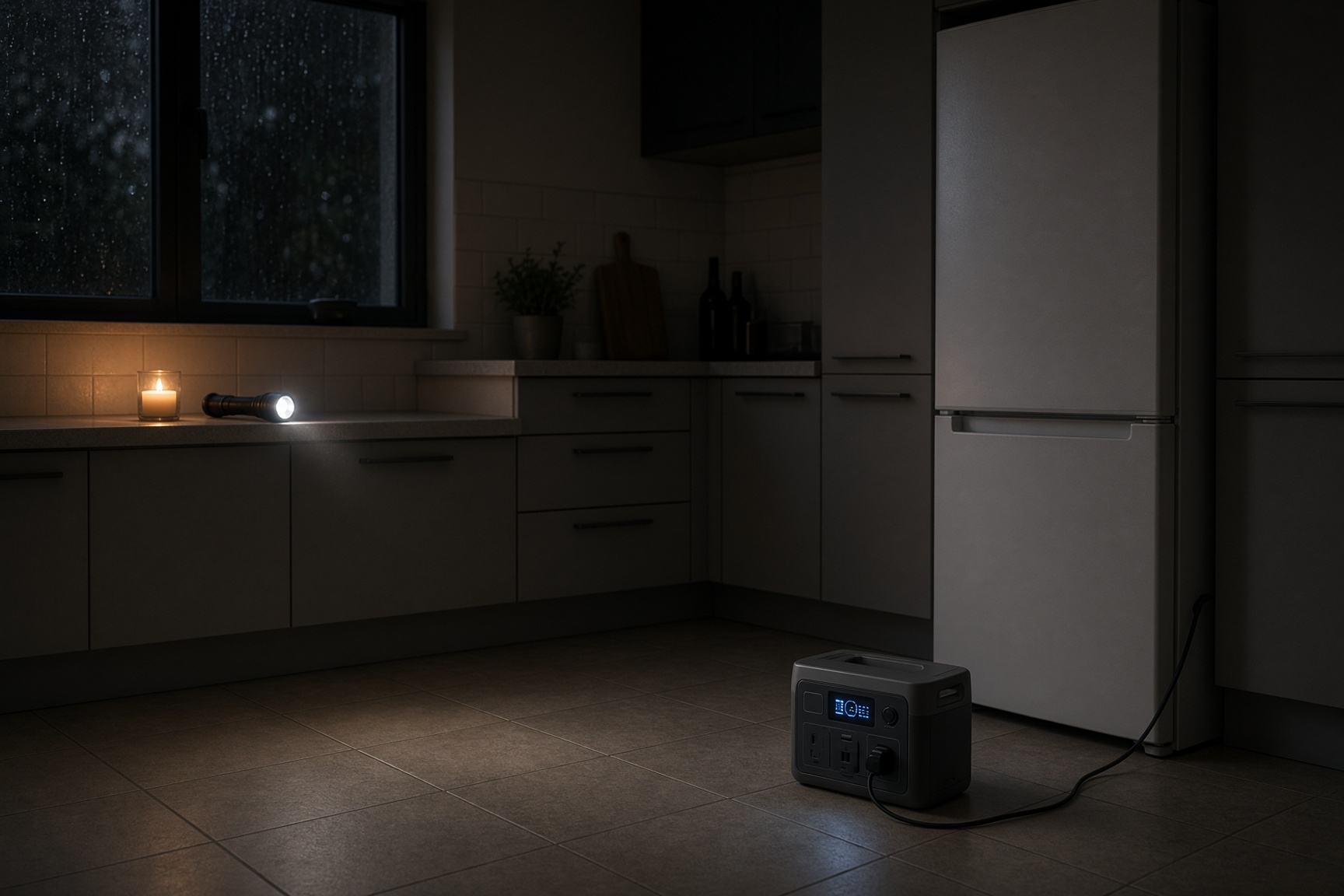 Portable power station plugged into a fridge-freezer in a UK kitchen to keep food cold during a power cut
