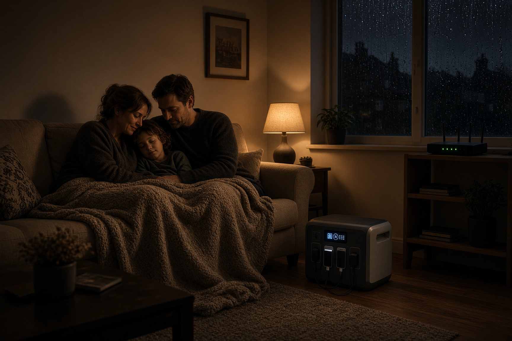 Portable power station running a lamp and Wi-Fi router in a dark UK living room during a power cut