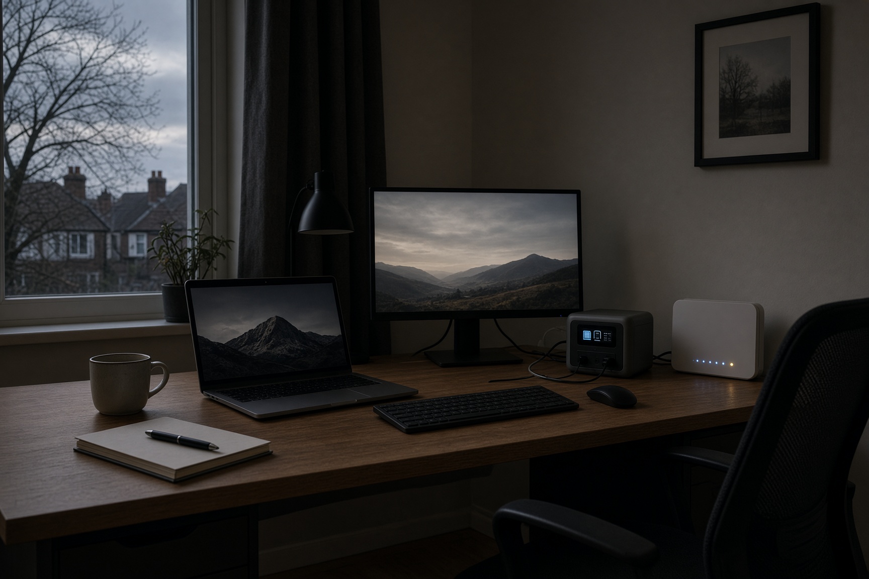 Small portable power station acting as a UPS for a Wi-Fi router and laptop on a home office desk