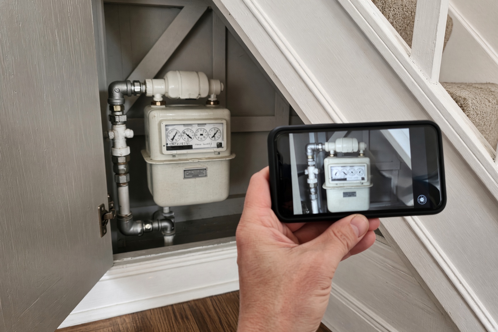 Person photographing a gas meter with a phone in a UK home to record the reading before a price change
