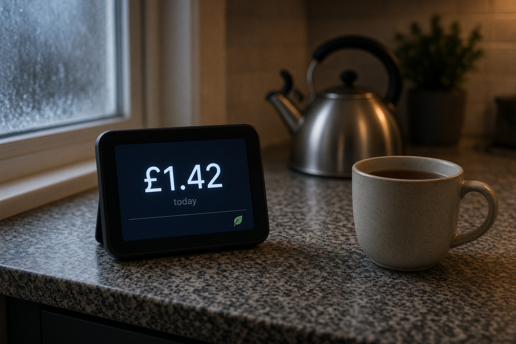Smart meter display on a UK kitchen worktop on a winter morning, showing the cost of energy used so far today