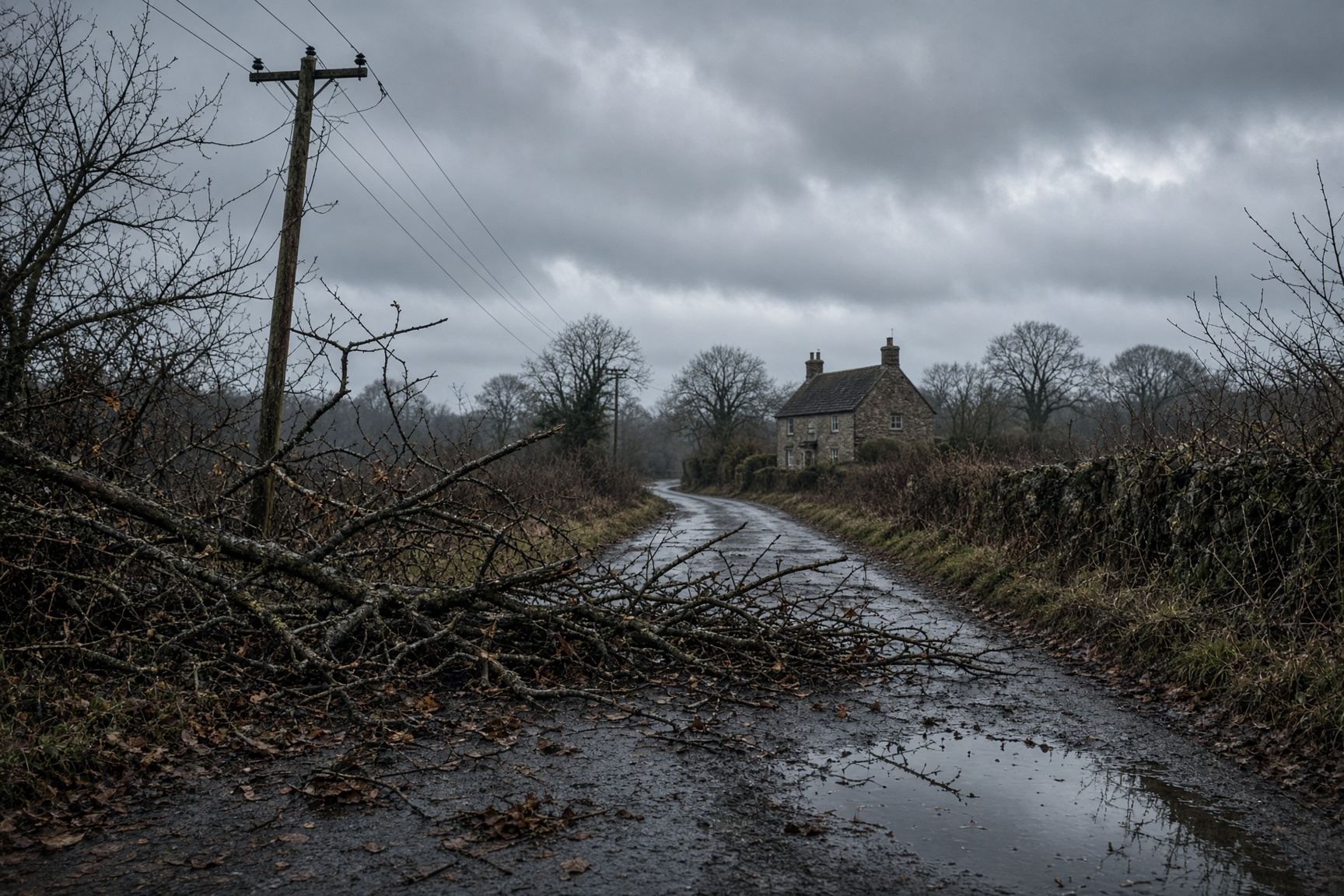 Storm-damaged power lines and fallen tree branches on a rural UK road in winter