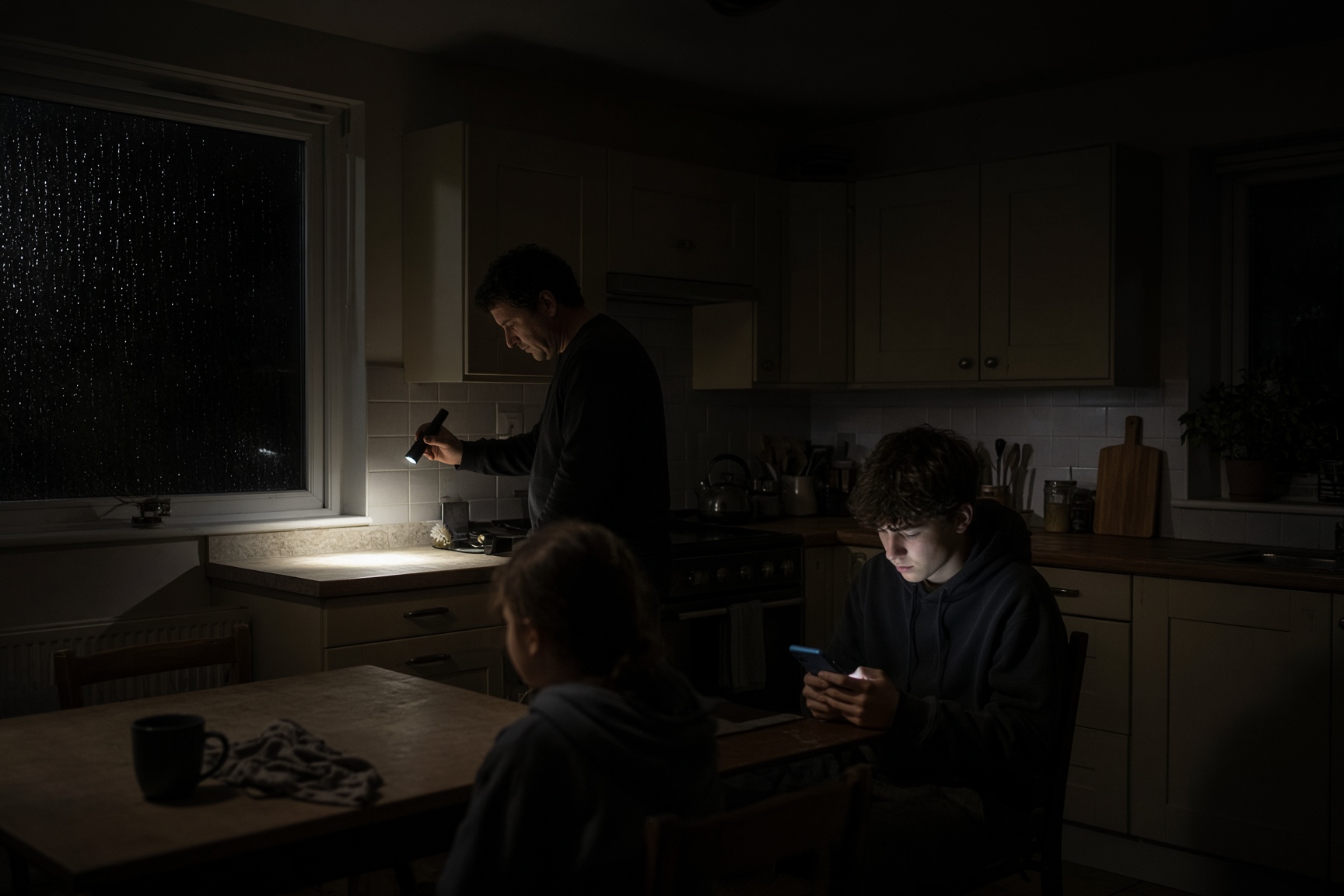 Family using a torch in a dark UK kitchen during a winter power cut